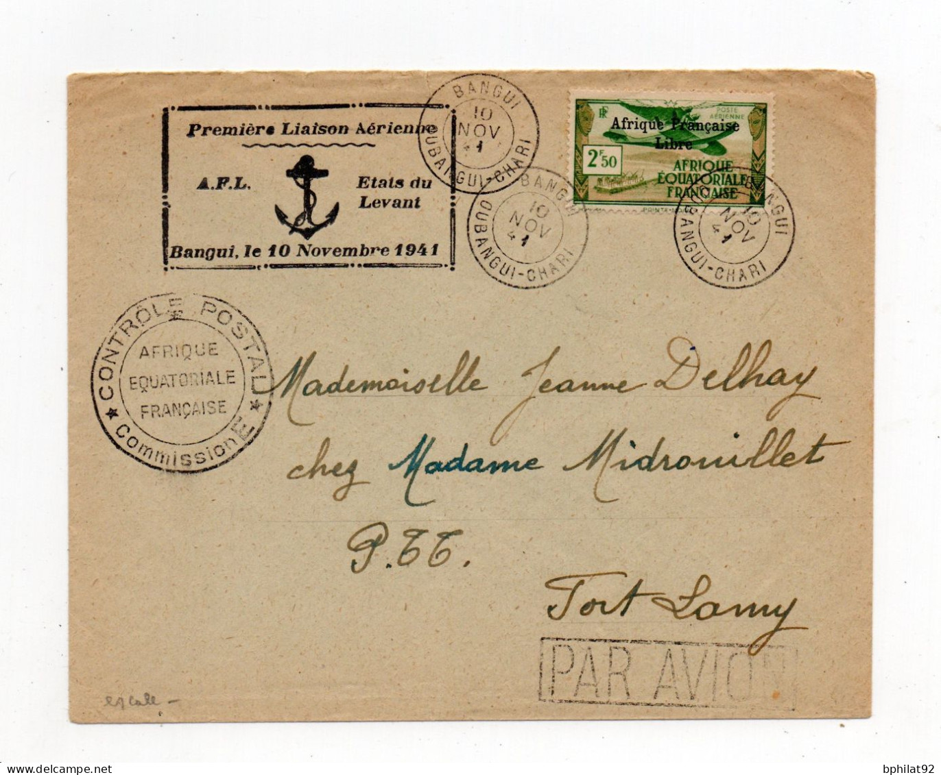 !!! AEF, LETTRE DE BANGUI POUR FORT LAMY 1941 CACHET 1ERE LIAISON AERIENNE AFL ETATS DU LEVANT ET CENSURE - Cartas & Documentos