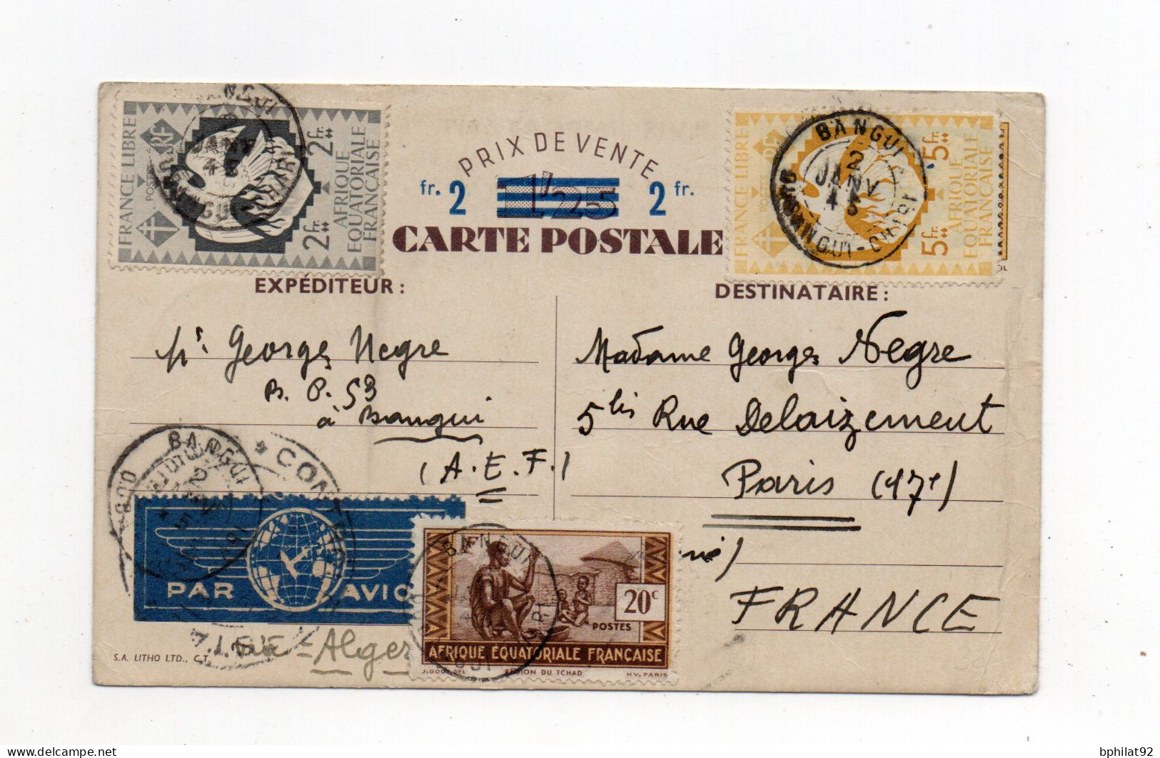 !!! AEF, CPA PAR AVION DE BANGUI POUR PARIS DE 1945 AVEC CENSURE - Cartas & Documentos