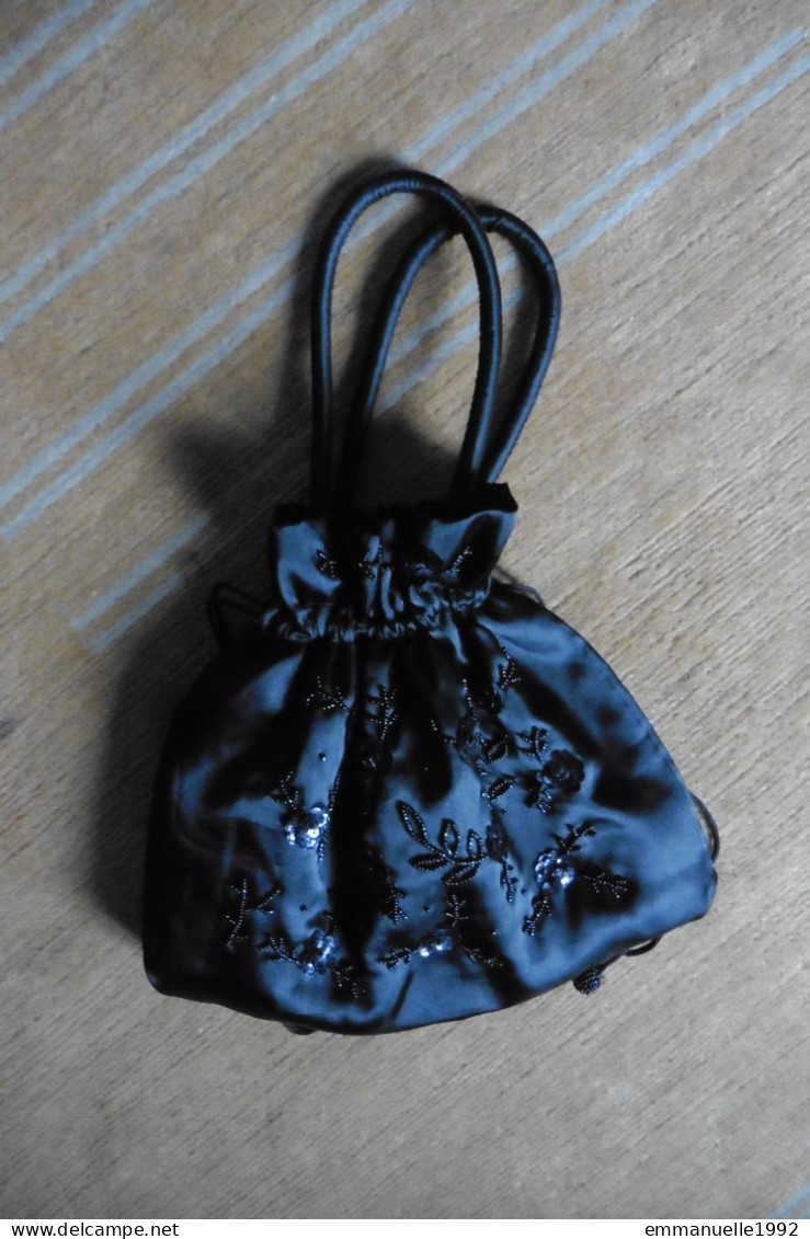 Sac à Main Bourse Soirée Satin Et Soie Noir Brodé Perles Et Paillettes Noires - Vintage Style Années 1920-1930 - Autres & Non Classés