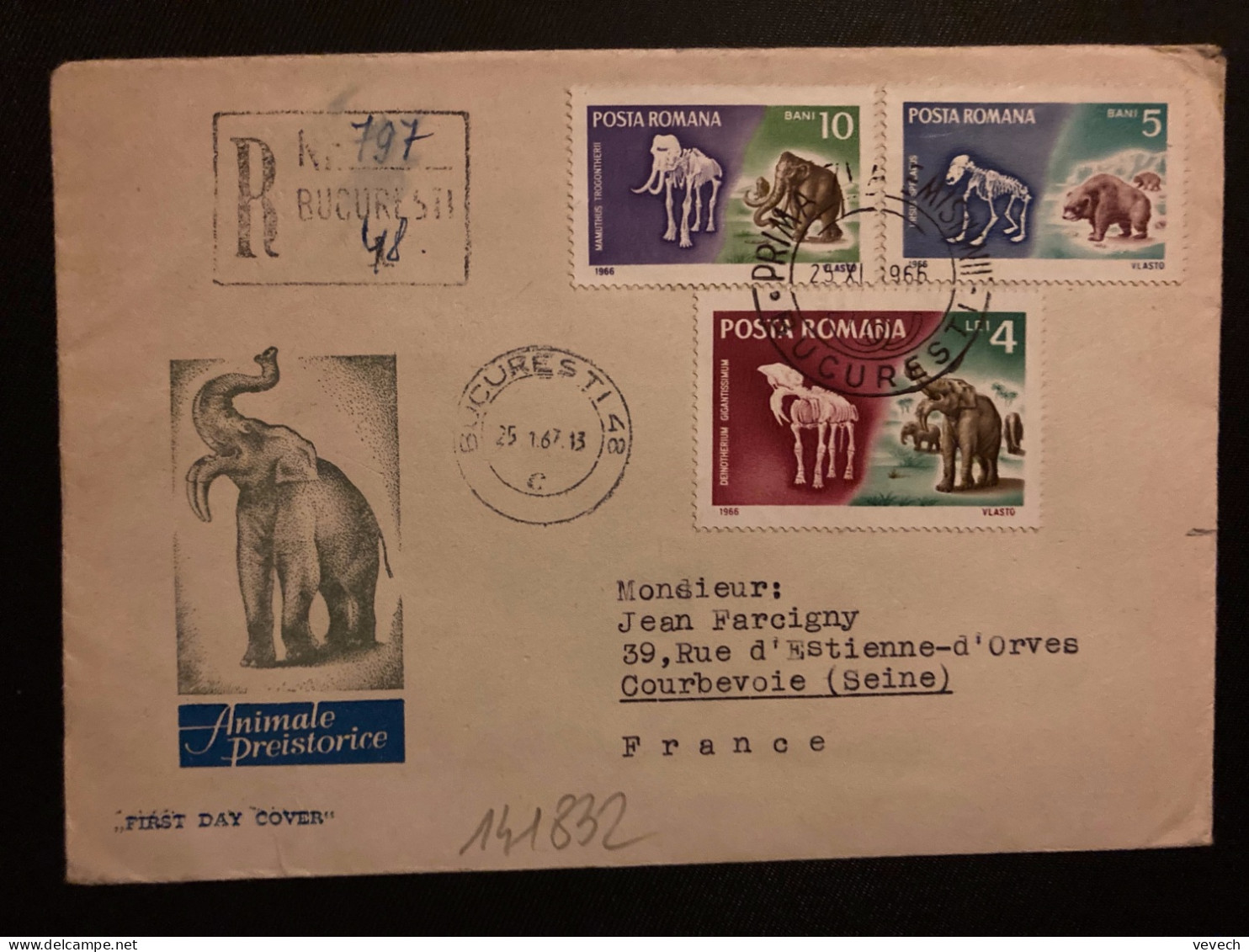 LR Pour FRANCE TP ANIMALE PREISYORICE 10 + 5 + 4 OBL.25 XI 1966 BUCURESTI + OBL.25 1 76 - Covers & Documents