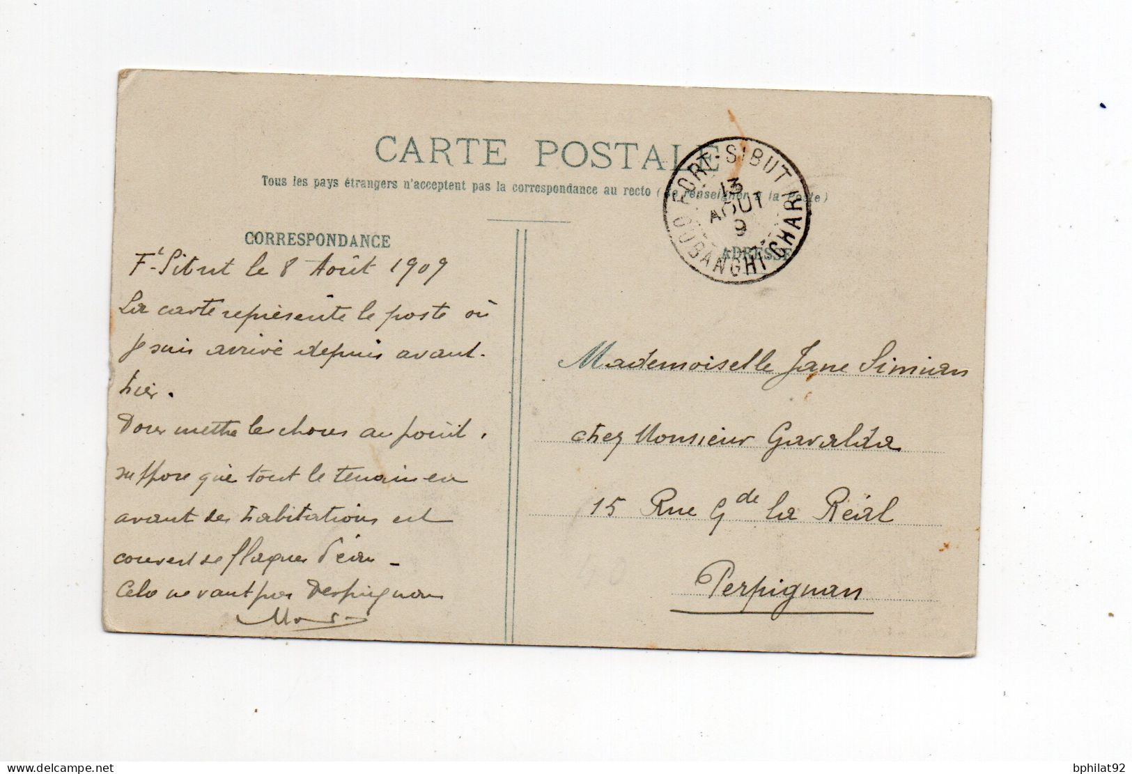 !!! CPA ET TIMBRES DU CONGO, CACHET DE FORT SIBUT - OUBANGUI DE 1909 - Cartas & Documentos