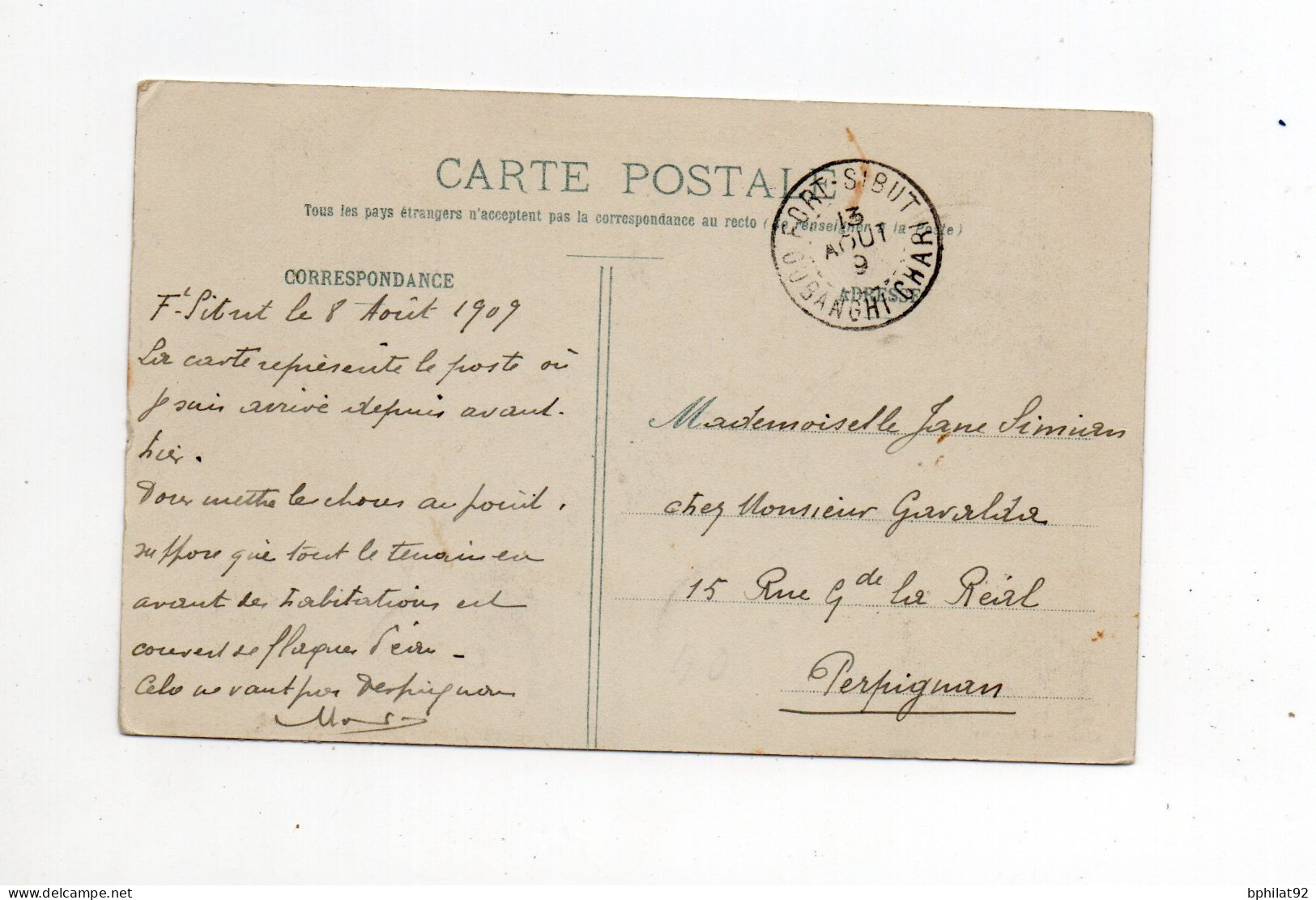 !!! CPA ET TIMBRES DU CONGO, CACHET DE FORT SIBUT - OUBANGUI DE 1909 - Covers & Documents