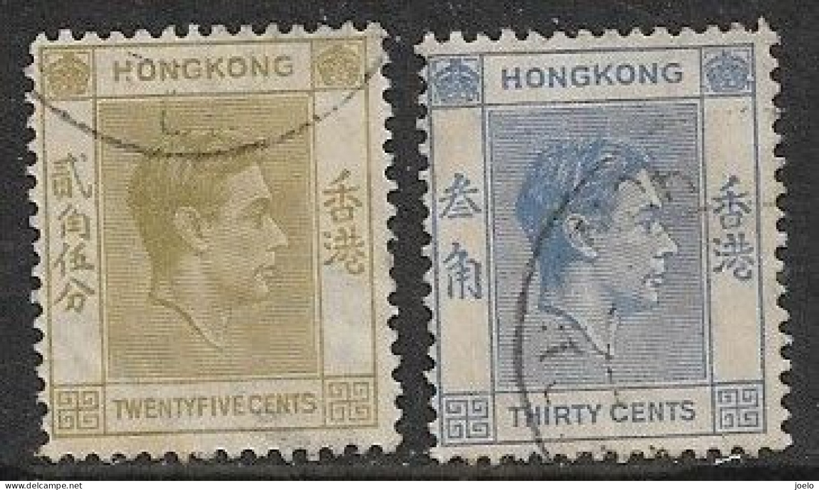 HONG KONG KGVl 1938 DEFINITIVES 25c OLIVE & 30c BLUE PAIR - Oblitérés