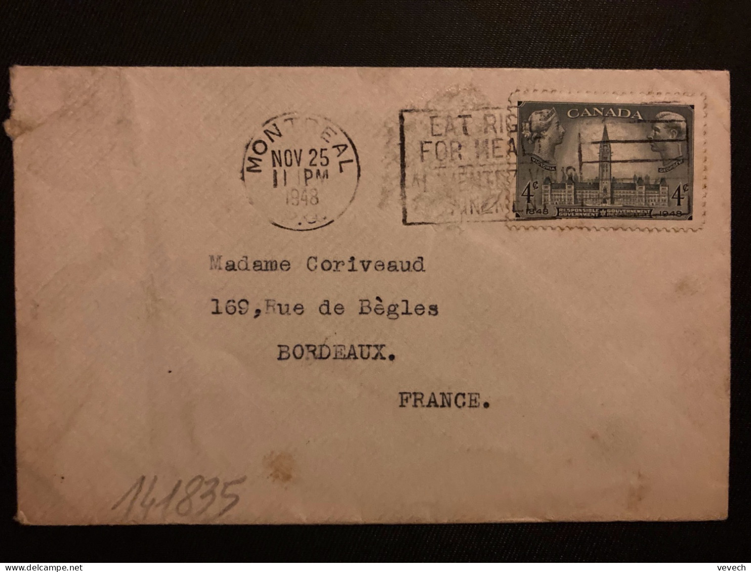 LETTRE Pour La FRANCE TP GOUVERNEMENT 4c OBL.MEC. NOV 25 1948 MONTREAL + VIGNETTE SANTE 1948 - Briefe U. Dokumente