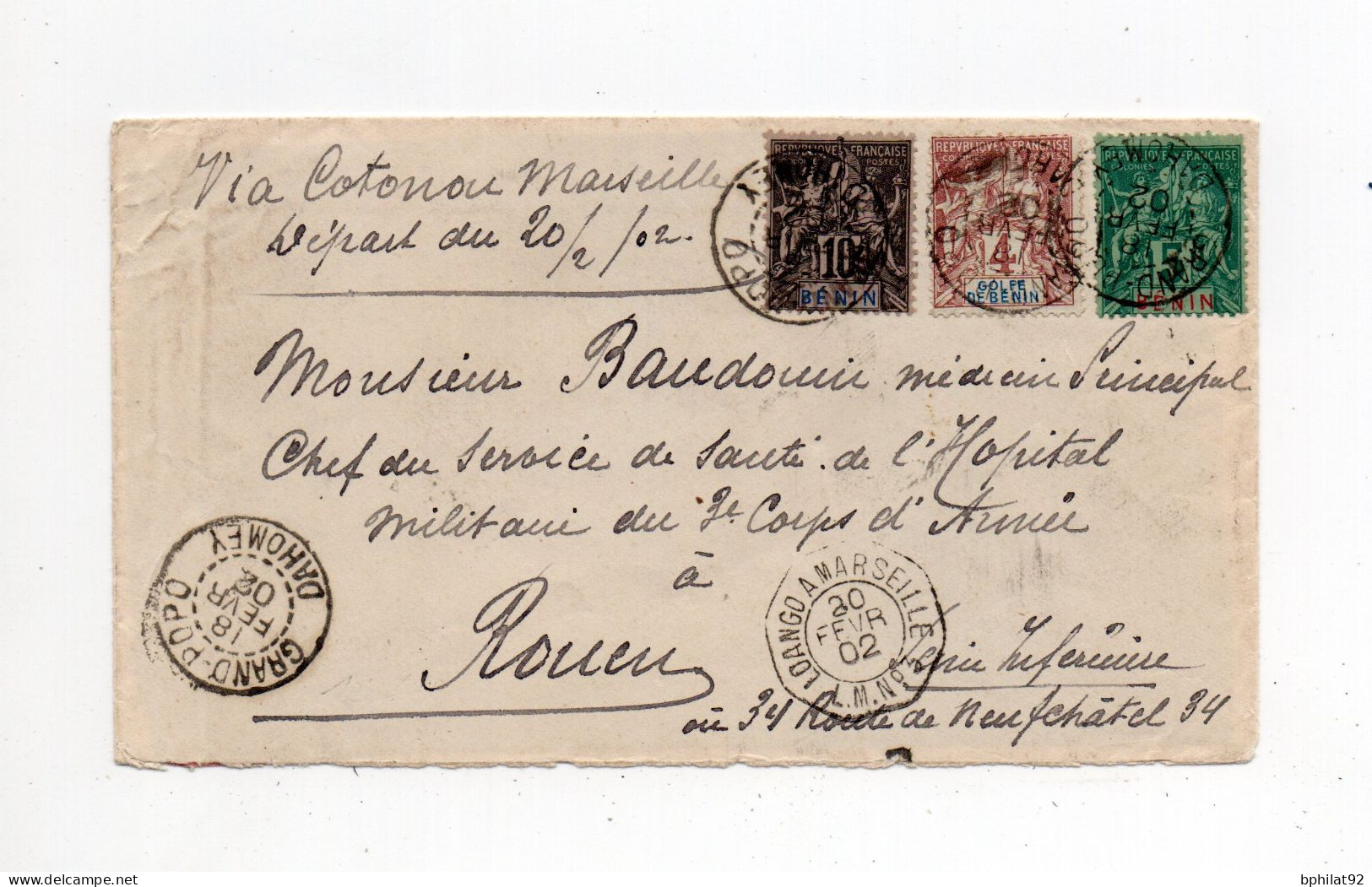 !!! LETTRE DE GRAND POPO - DAHOMEY DE 1902 AFFRANCH TRICOLORE TIMBRES DU BENIN, CACHET MARITIME LOANGO A MARSEILLE - Briefe U. Dokumente