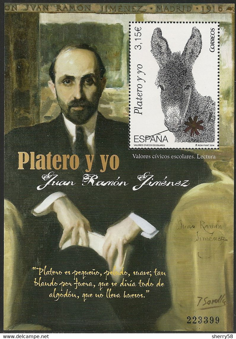 2014-ED. 4921 H.B. -Valores Cívico Escolares. Platero Y Yo - Juan Ramón Jiménez. Premio Nobel De Literatura-NUEVO - Blocs & Hojas