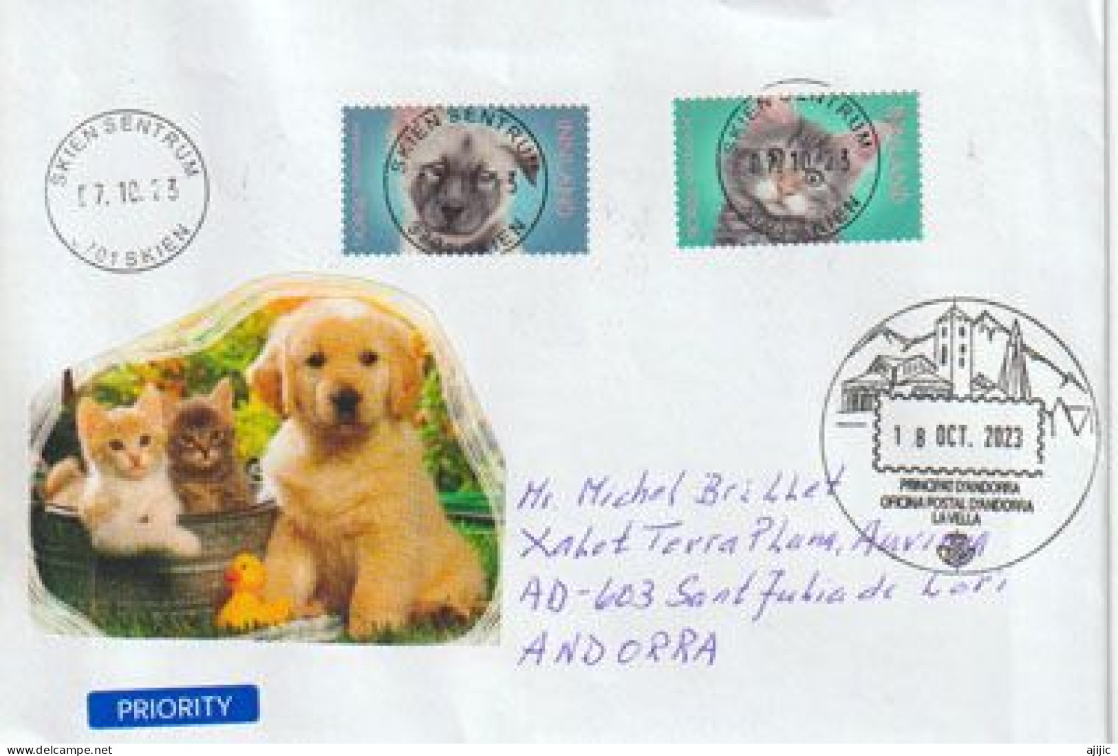 2023. Norwegian Forest Cat. Norwegian Elkhound, Letter To Andorra (Principat) With Arrival Andorran Illustrated Postmark - Cartas & Documentos