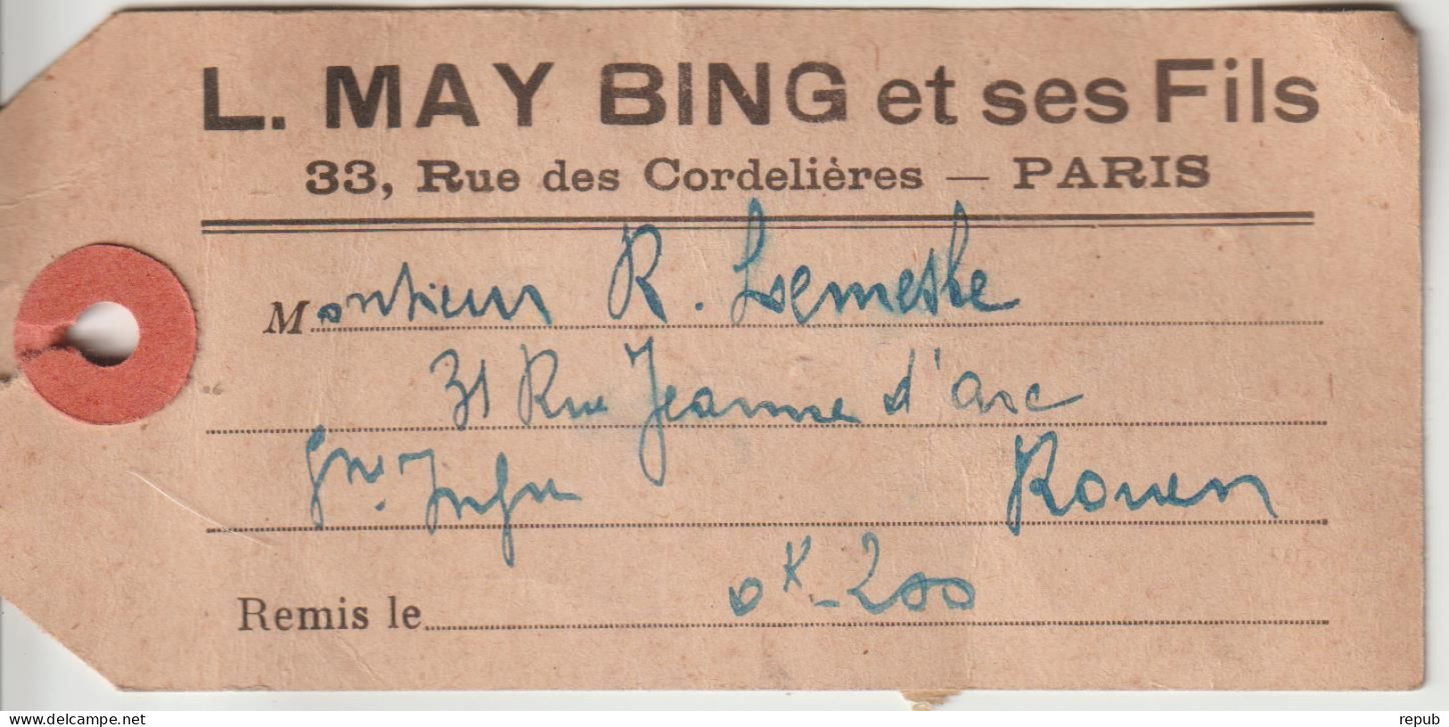 France étiquette De Colis Recommandé 1931 De Paris Pour Rouen - 1921-1960: Période Moderne