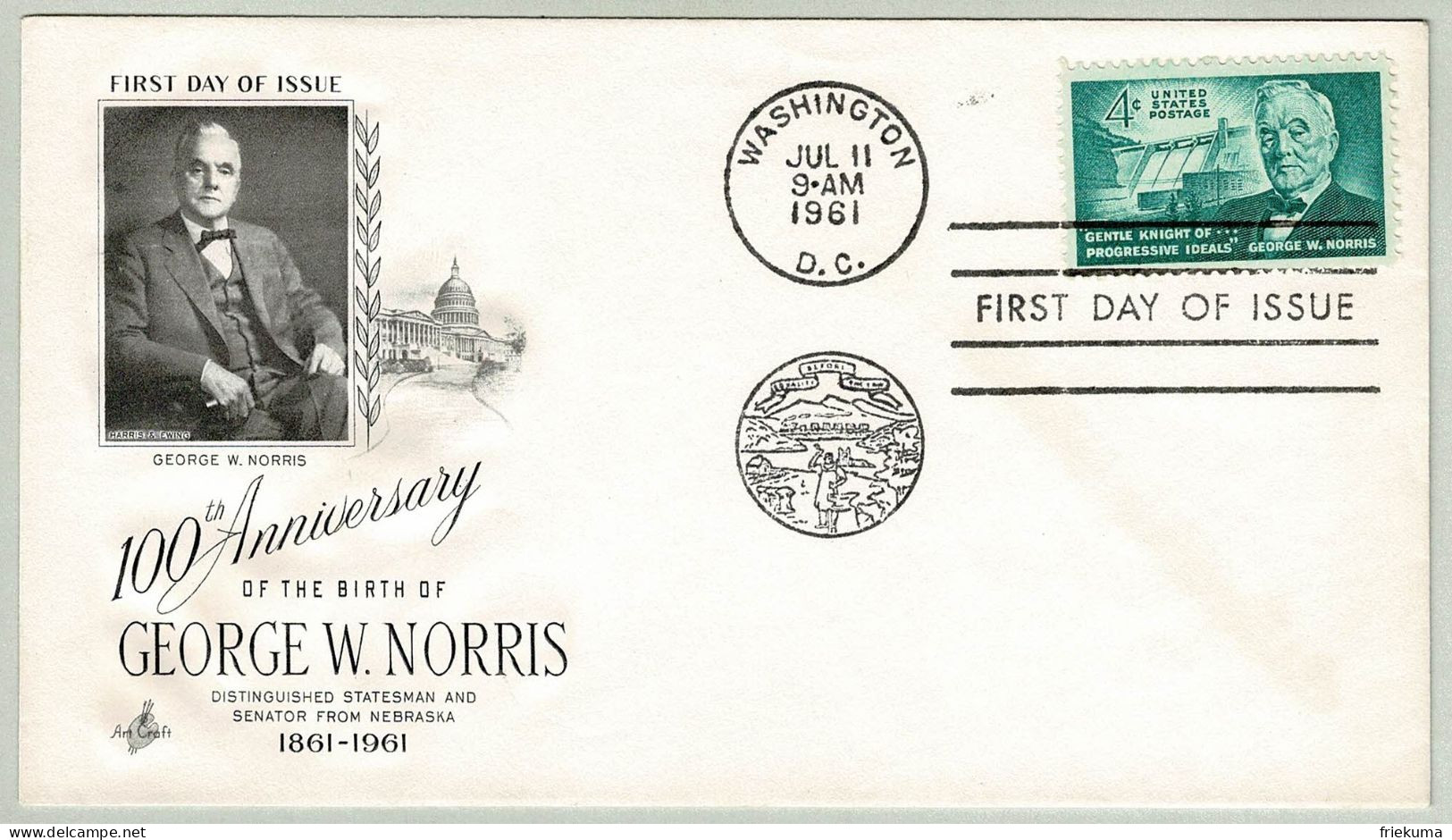 USA 1961, FDC George W. Norris, Norris Dam, Staudamm / Barrage - Wasser