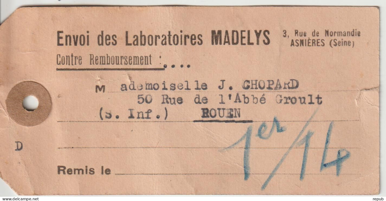 France étiquette De Colis Recommandé 1935 D'Asnières Pour Rouen - 1921-1960: Periodo Moderno