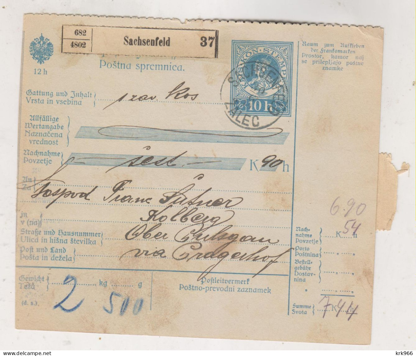 SLOVENIA,Austria 1914 SACHSENFELD ZALEC Parcel Card - Slowenien