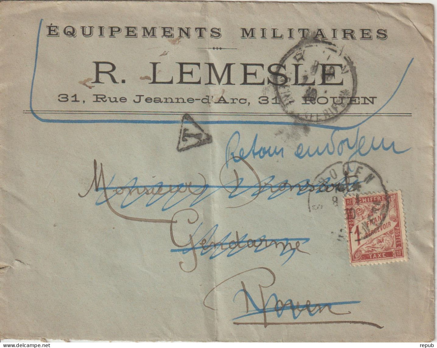 Lettre Taxée 1930 De Rouen Pour Rouen Retour Envoyeur Inconnu Gendarmerie - 1859-1959 Storia Postale