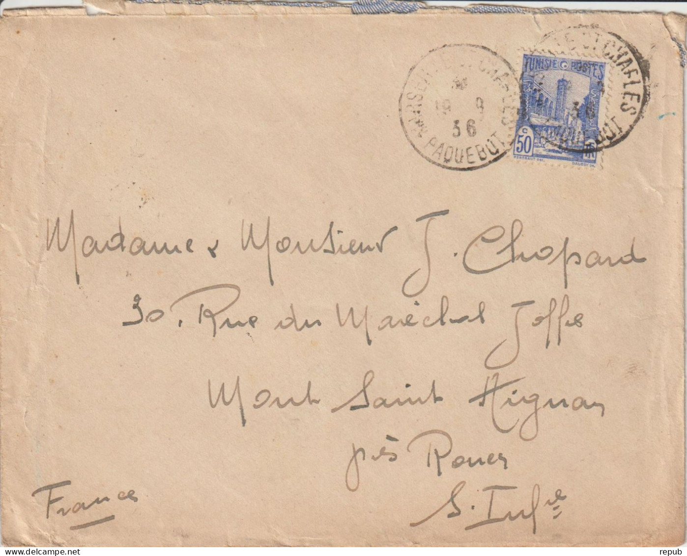 Lettre 1936 De Tunisie Pour La France Rouen Oblitération Marseille Paquebot - 1921-1960: Periodo Moderno