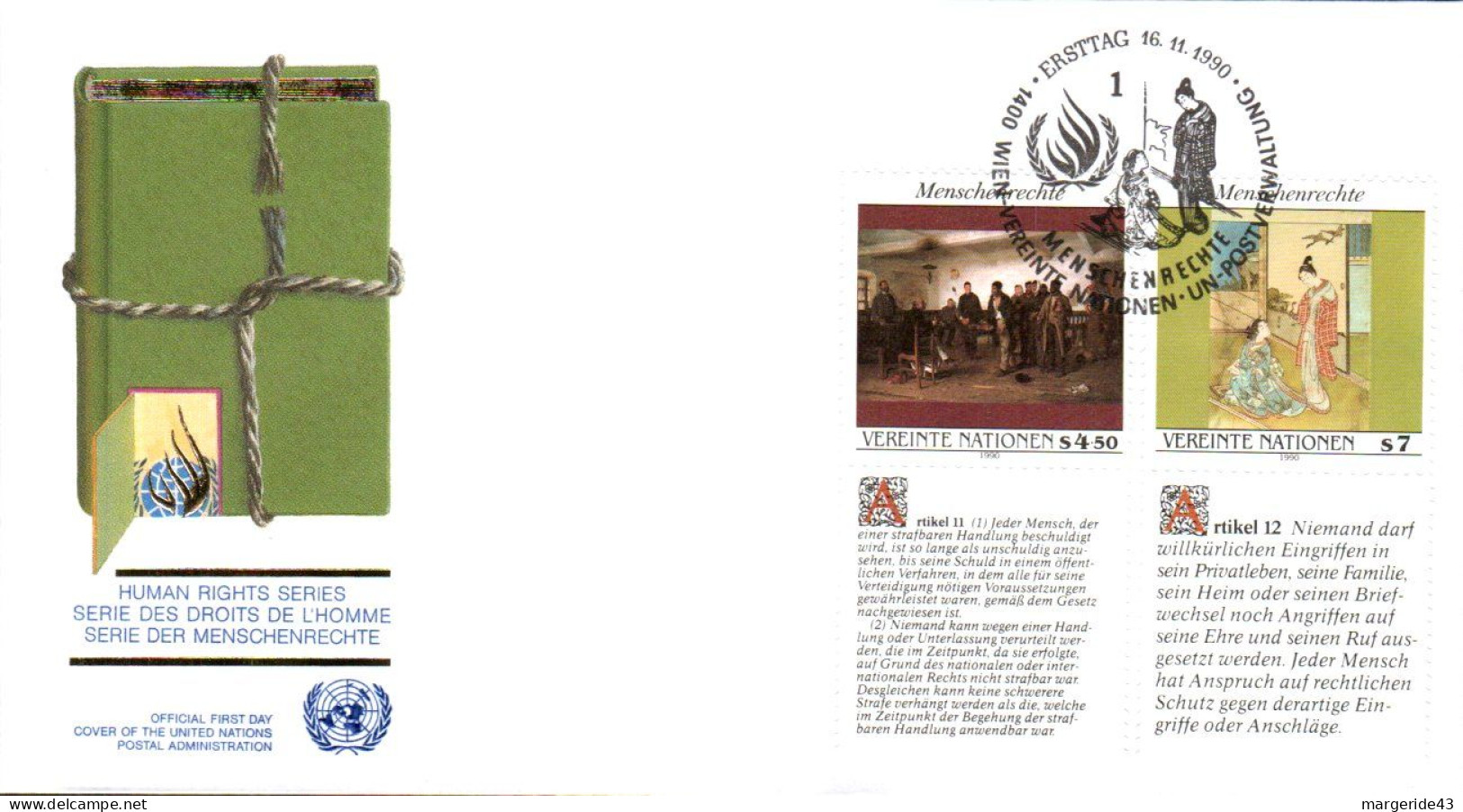 NATIONS UNIES FDC 1990 SERIE DROITS DE L'HOMME - Briefe U. Dokumente
