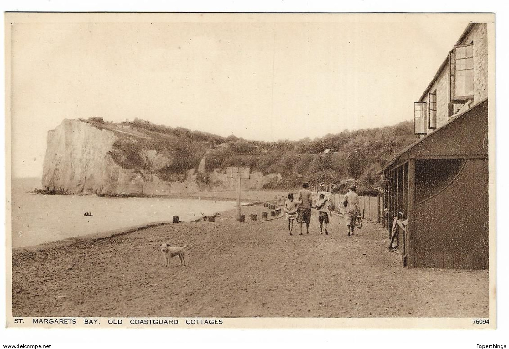 Photochrom Postcard, Kent, Dover, ST, Margarets Bay, Old Coastguard Cottages, Sea View, Shelter, People. - Dover