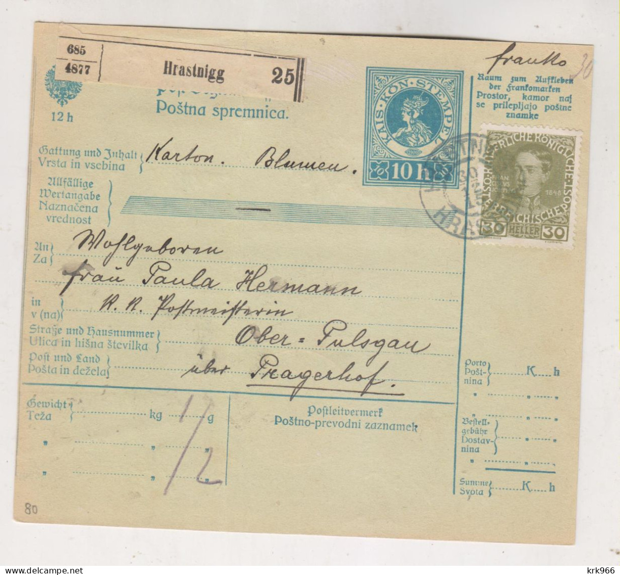 SLOVENIA,Austria 1915 HRASTNIGG HRASTNIK Parcel Card - Slowenien