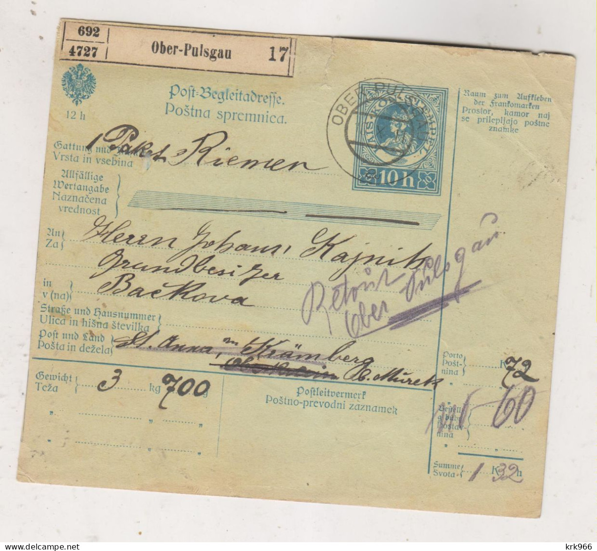 SLOVENIA,Austria 1911 OBER-PULSGAU ZGORNJA POLSKAVA Parcel Card - Slowenien