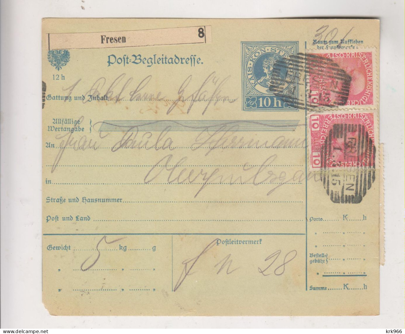 SLOVENIA,Austria 1915 FRESEN BREZNO Parcel Card - Slowenien