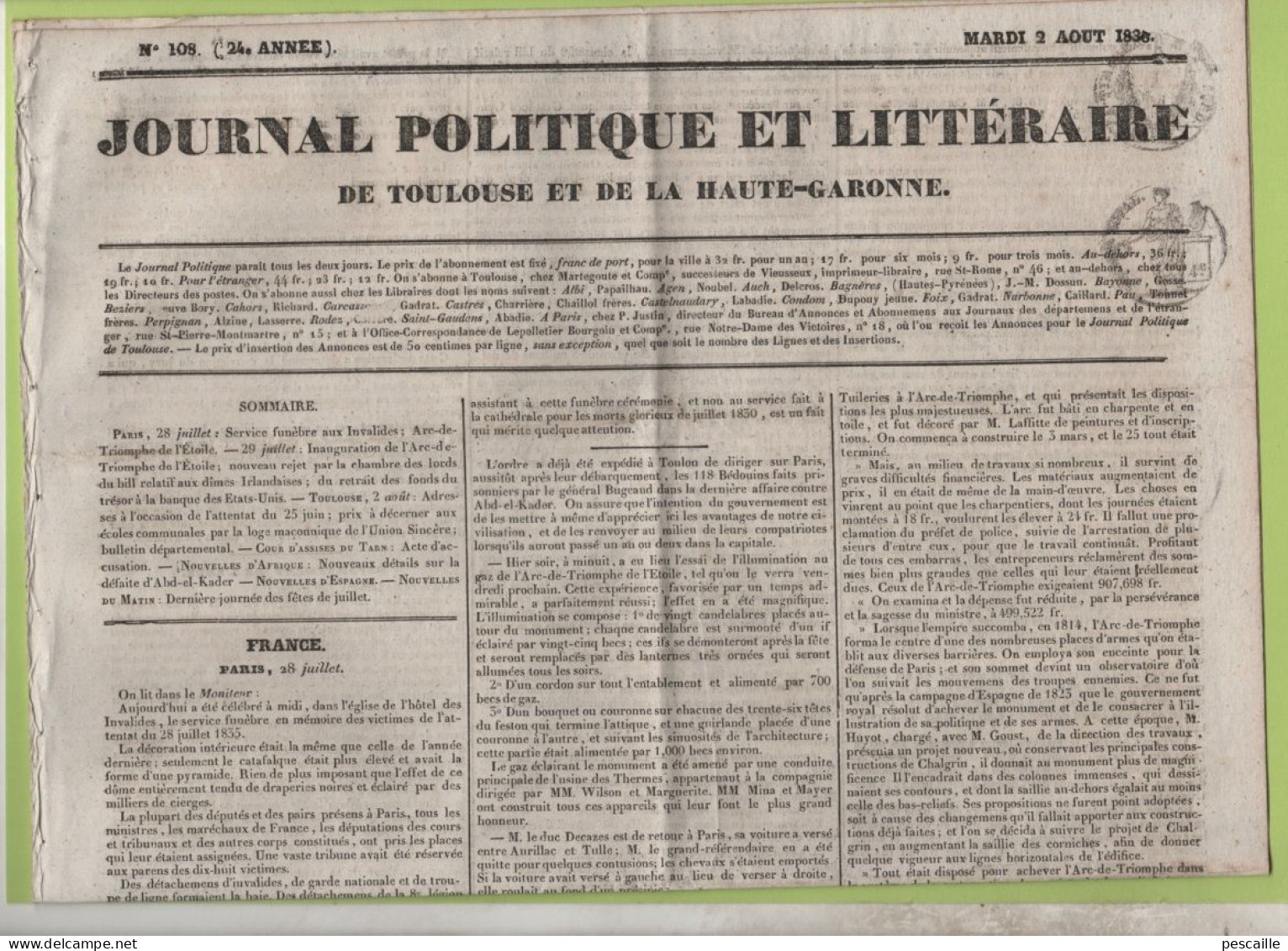 JOURNAL POLITIQUE TOULOUSE 2 08 1836 - CEREMONIE AUX INVALIDES VICTIMES 1830 - ARC DE TRIOMPHE DE L'ETOILE - USA CONGRES - 1800 - 1849