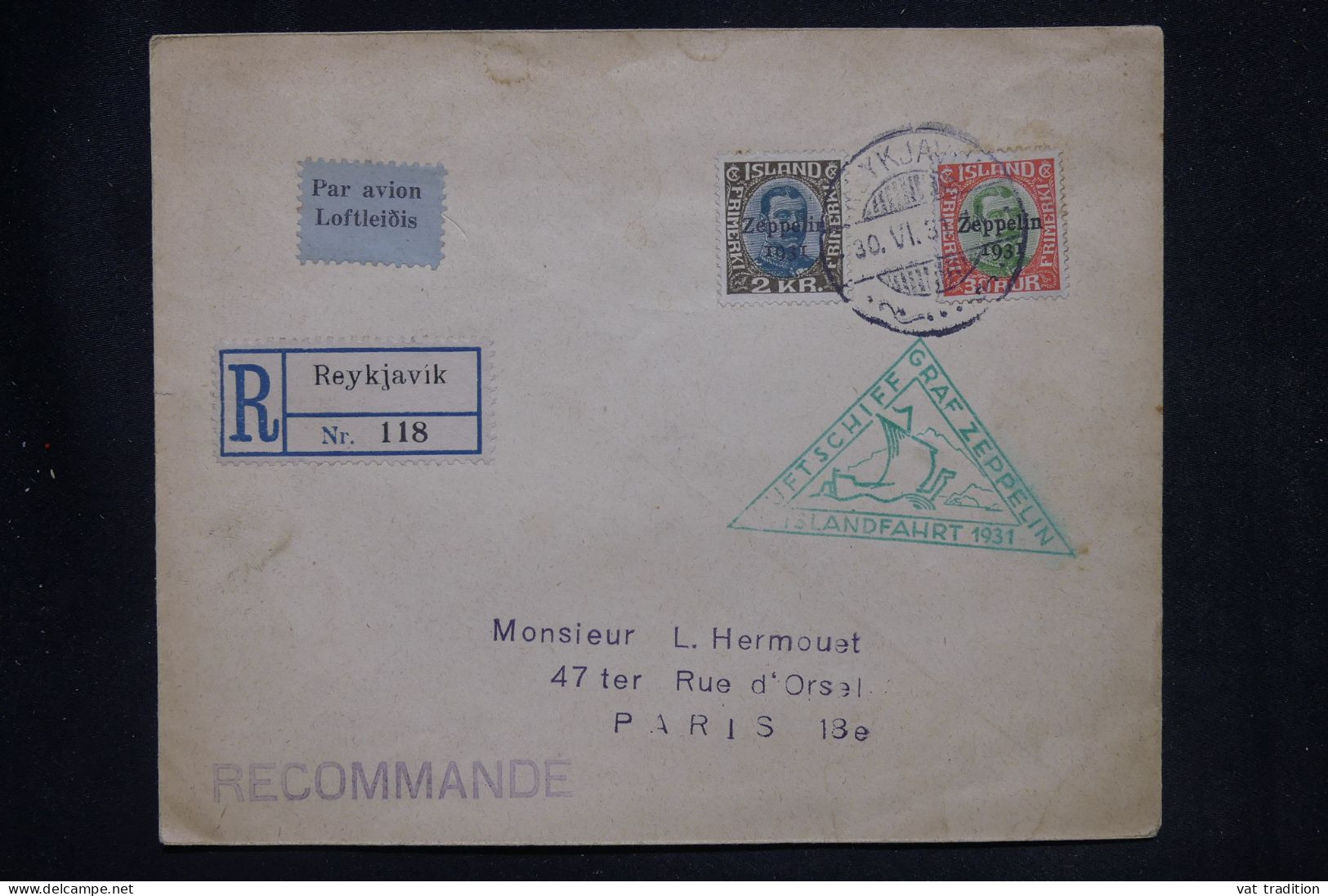 ISLANDE - Cachet De Zeppelin Sur Enveloppe En Reco De Reykjavik Pour Paris En 1931, Affranchissement Surchargé- L 147828 - Brieven En Documenten