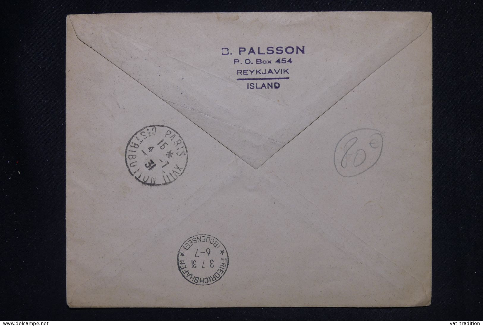 ISLANDE - Cachet De Zeppelin Sur Enveloppe En Reco De Reykjavik Pour Paris En 1931, Affranchissement Surchargé- L 147828 - Briefe U. Dokumente