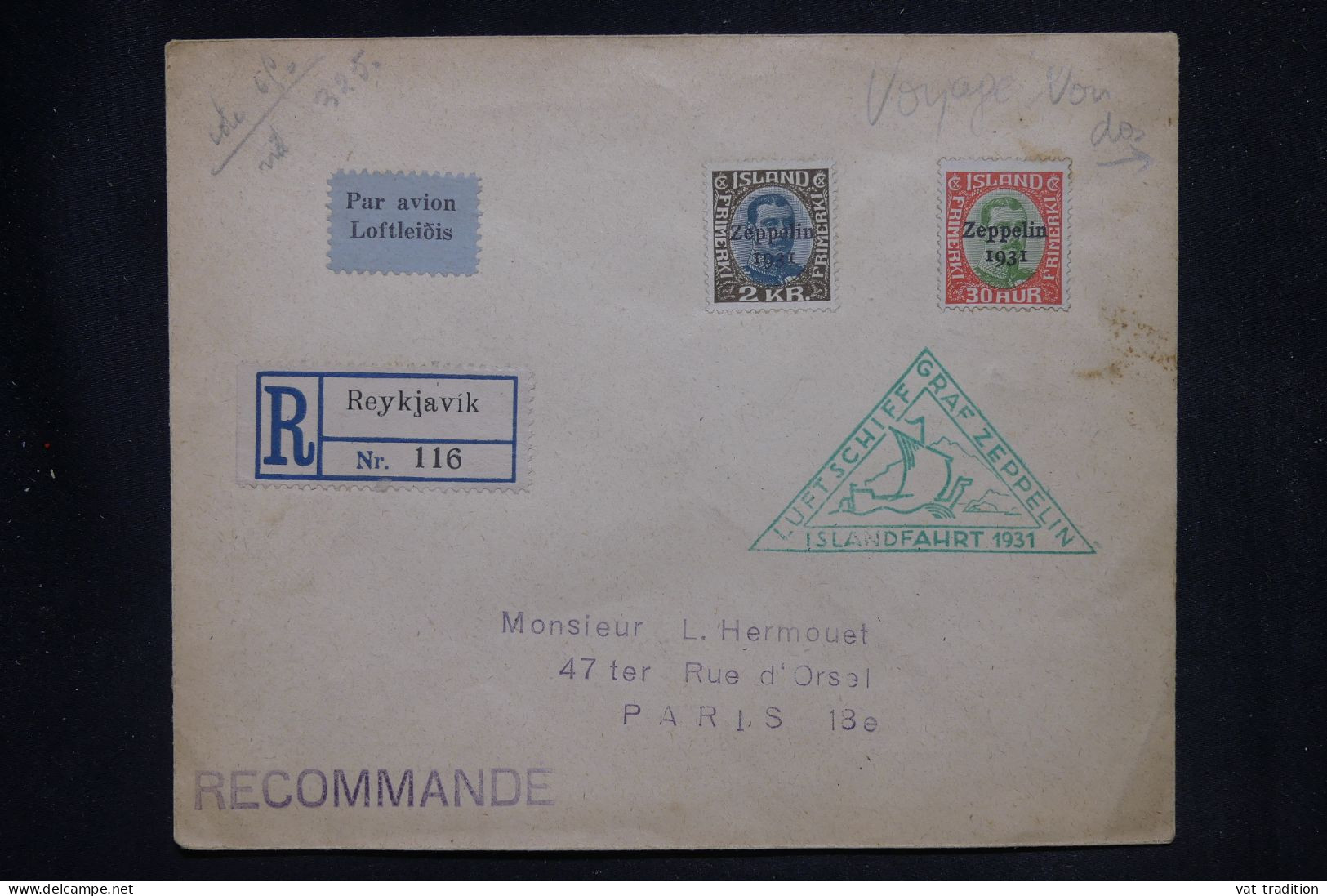 ISLANDE - Cachet De Zeppelin Sur Enveloppe En Reco De Reykjavik Pour Paris En 1931, Affranchissement Surchargé- L 147829 - Storia Postale