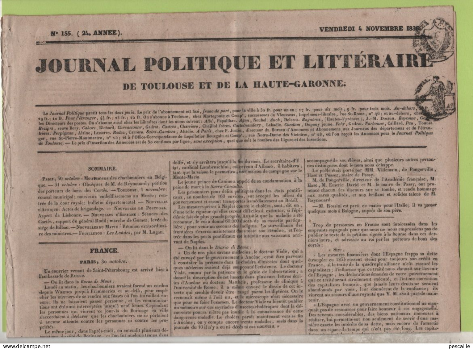 JOURNAL POLITIQUE TOULOUSE 04 11 1836 - LES LANDES - BORINAGE MONS CUESMES - OBSEQUES M. RAYNOUARD - BOURSE ESPAGNE - - 1800 - 1849