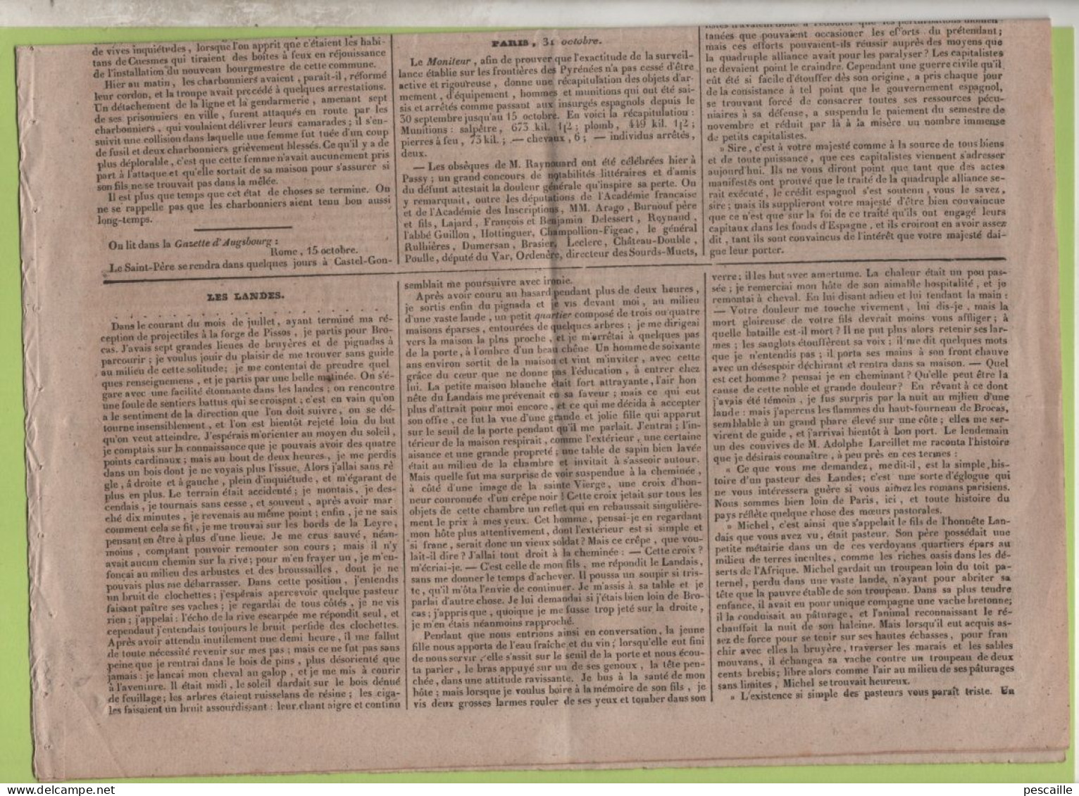 JOURNAL POLITIQUE TOULOUSE 04 11 1836 - LES LANDES - BORINAGE MONS CUESMES - OBSEQUES M. RAYNOUARD - BOURSE ESPAGNE - - 1800 - 1849