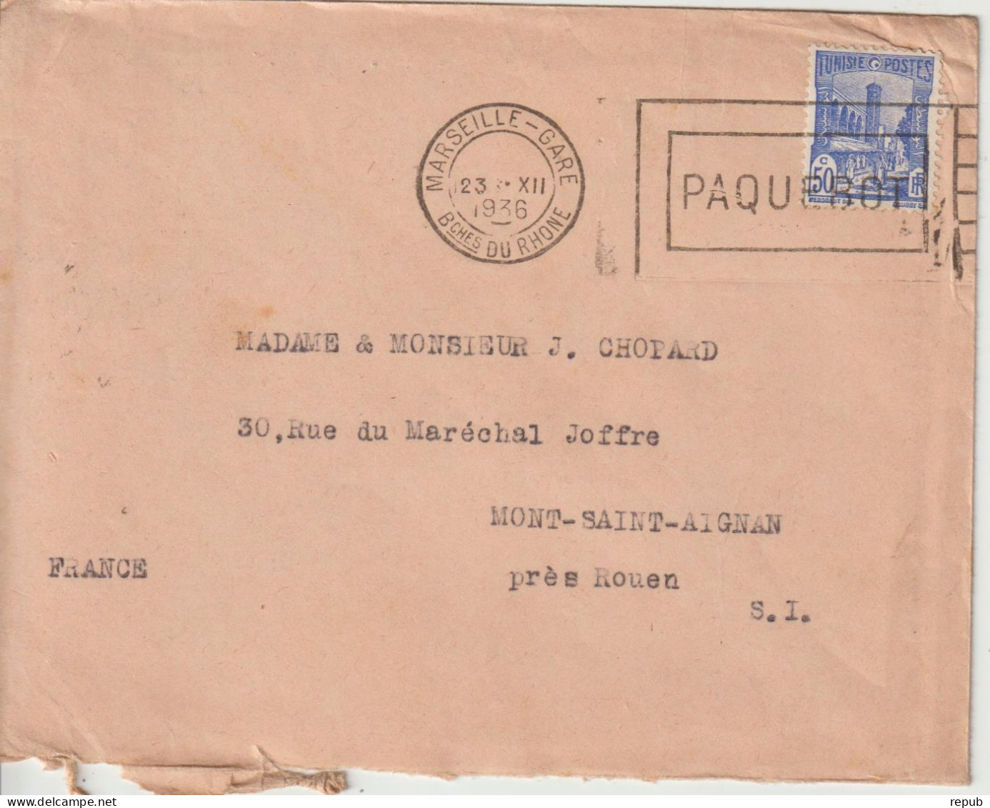 Lettre 1936 De Tunisie Pour La France Rouen Oblitération Marseille Paquebot - 1921-1960: Période Moderne