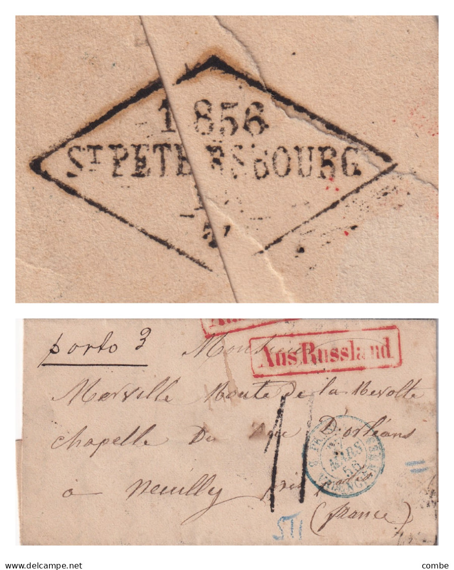 LETTRE. RUSSIE. 27 MARS 56. ST PETERSBOURG POUR NEUILLY FRANCE. PORTO 3. AUS RUSSLAND. PRUSSE VALENCIENNES 3. TAXE 11 - ...-1857 Préphilatélie