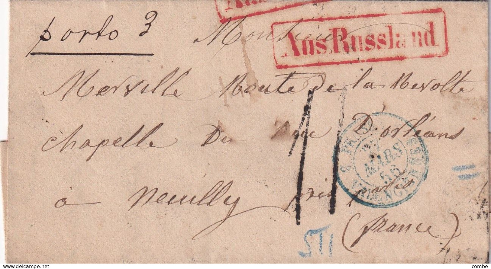 LETTRE. RUSSIE. 27 MARS 56. ST PETERSBOURG POUR NEUILLY FRANCE. PORTO 3. AUS RUSSLAND. PRUSSE VALENCIENNES 3. TAXE 11 - ...-1857 Prephilately