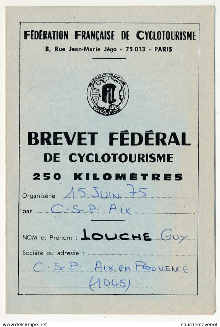 CYCLISME - Brevet Fédéral De Cyclotourisme - 250 Kilomètres - Départements 13 Et 83 - 1976 - Wielrennen