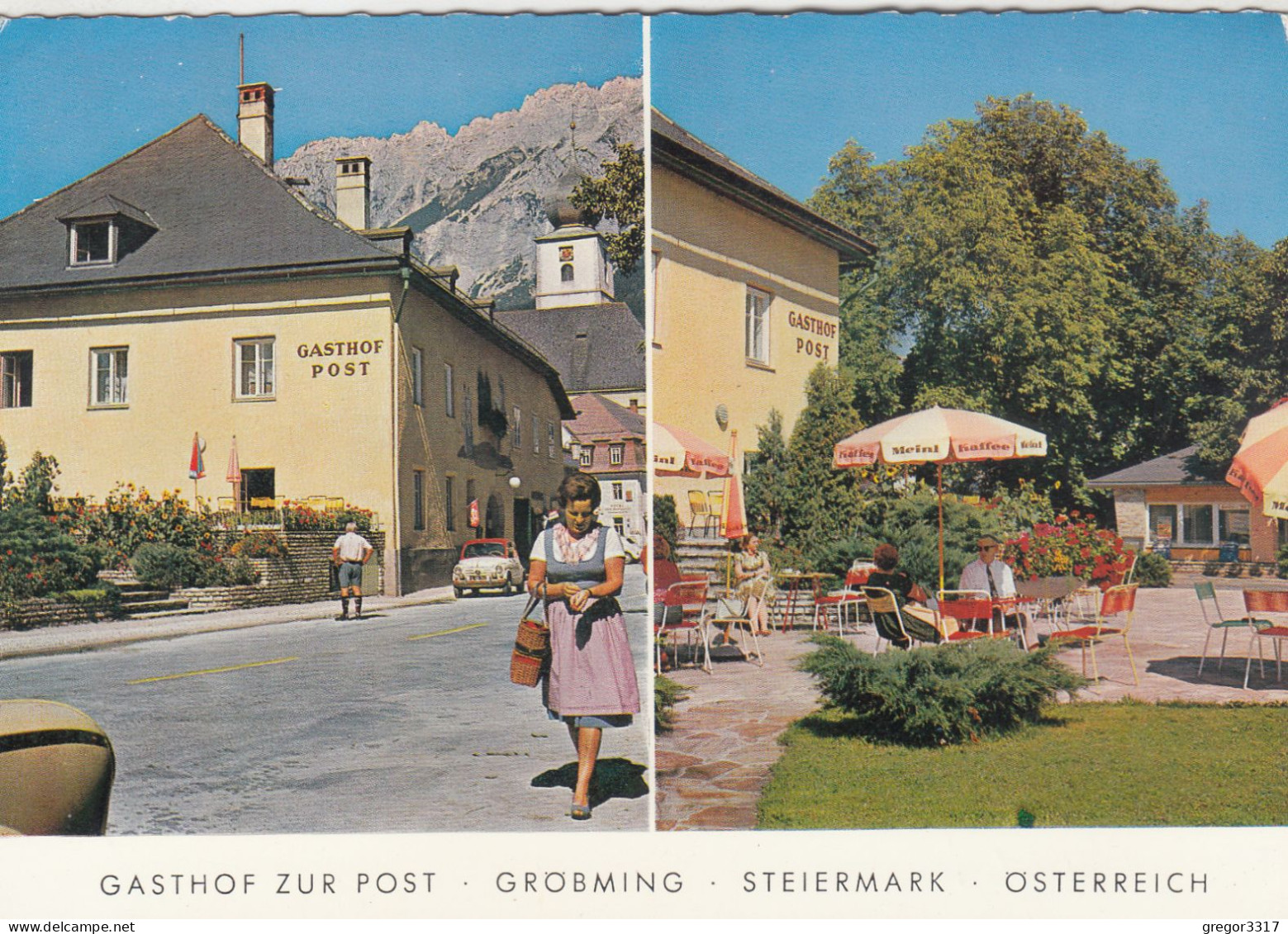 D6447) GRÖBMING - Steiermark - GASTHOF ZUR POST - Zweibild AK - Frau Auto U. Gastgarten - 1958 - Gröbming