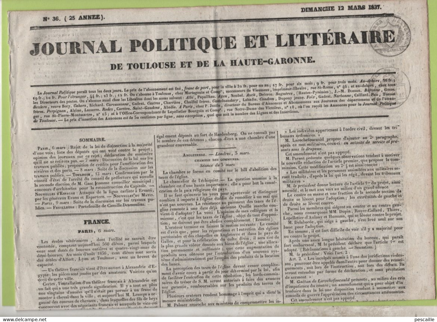 JOURNAL POLITIQUE TOULOUSE 12 03 1837 - ALEXANDRIE - PORTEFEUILLE DE CAMILLE DESMOULINS - LOI DE DISJONCTION TRIBUNAUX - 1800 - 1849