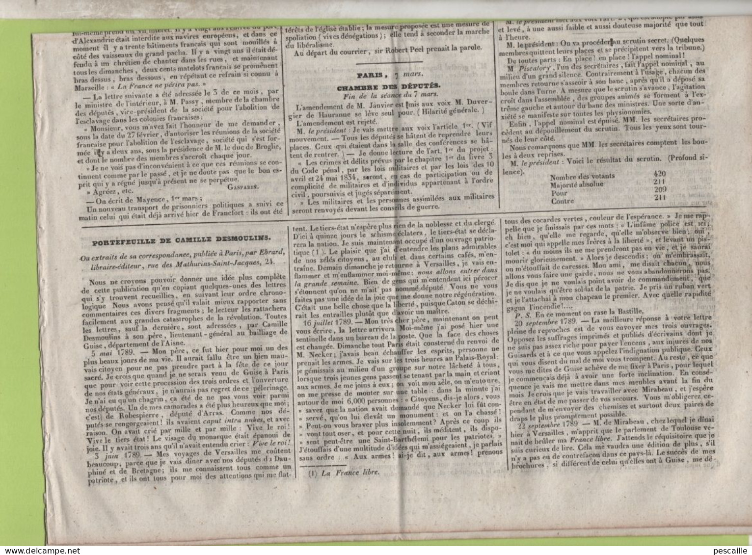 JOURNAL POLITIQUE TOULOUSE 12 03 1837 - ALEXANDRIE - PORTEFEUILLE DE CAMILLE DESMOULINS - LOI DE DISJONCTION TRIBUNAUX - 1800 - 1849