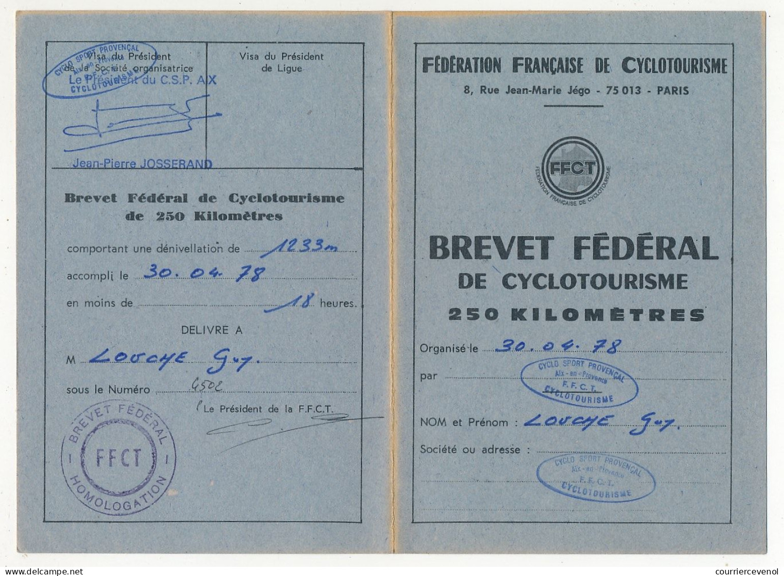 CYCLISME - Brevet Fédéral De Cyclotourisme - 250 Kilomètres - Département 83 - 1978 - Cyclo-sport Provencal - Cycling