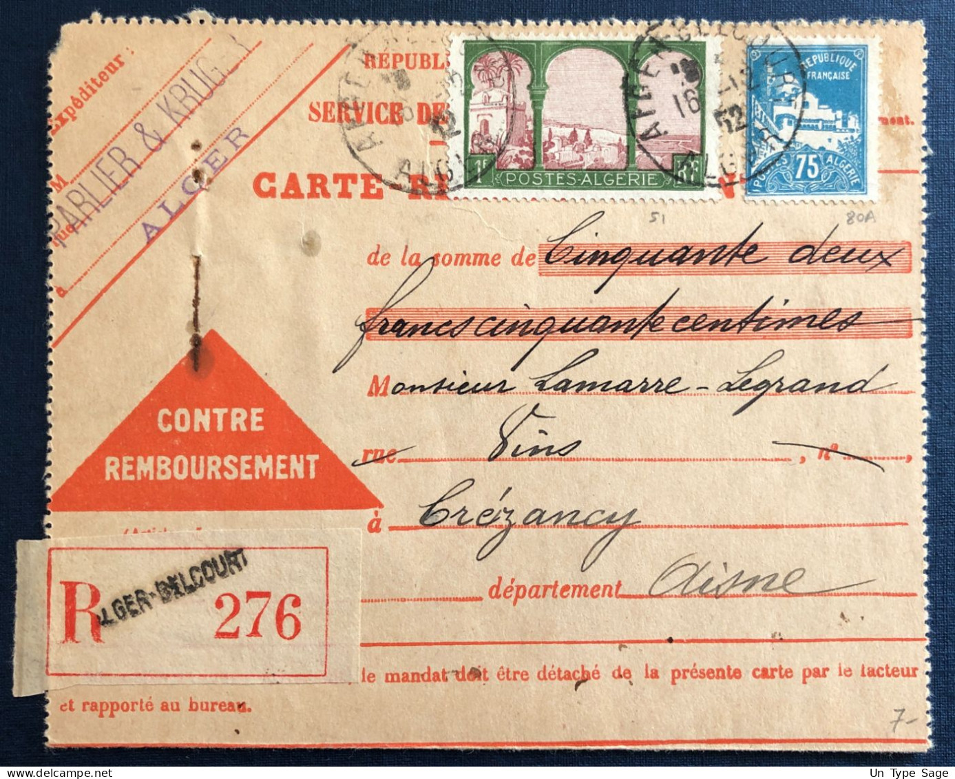 Algérie, Divers Sur Carte Remboursement, Alger 16.12.1932 - (B3162) - Briefe U. Dokumente