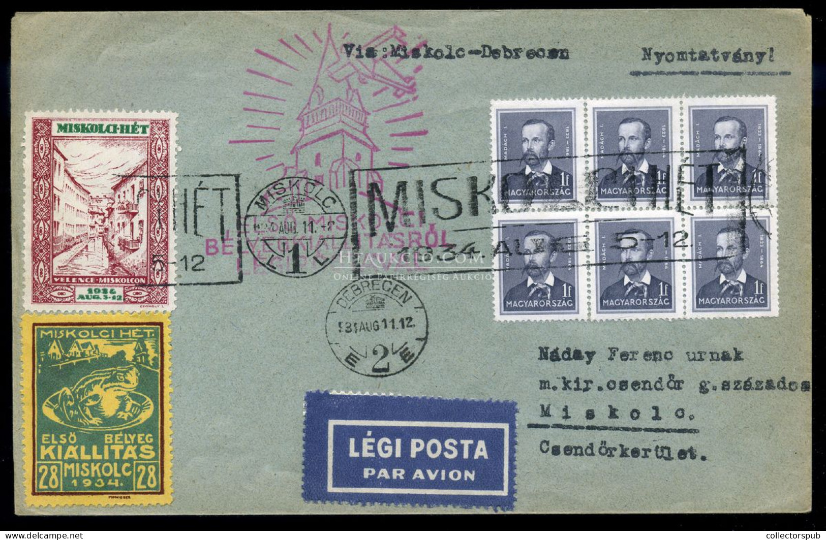 MISKOLC - DEBRECEN 1934. Dekoratív Alkalmi Légi Levél, Arcképek Bélyegekkel, Levélzárókkal - Usado