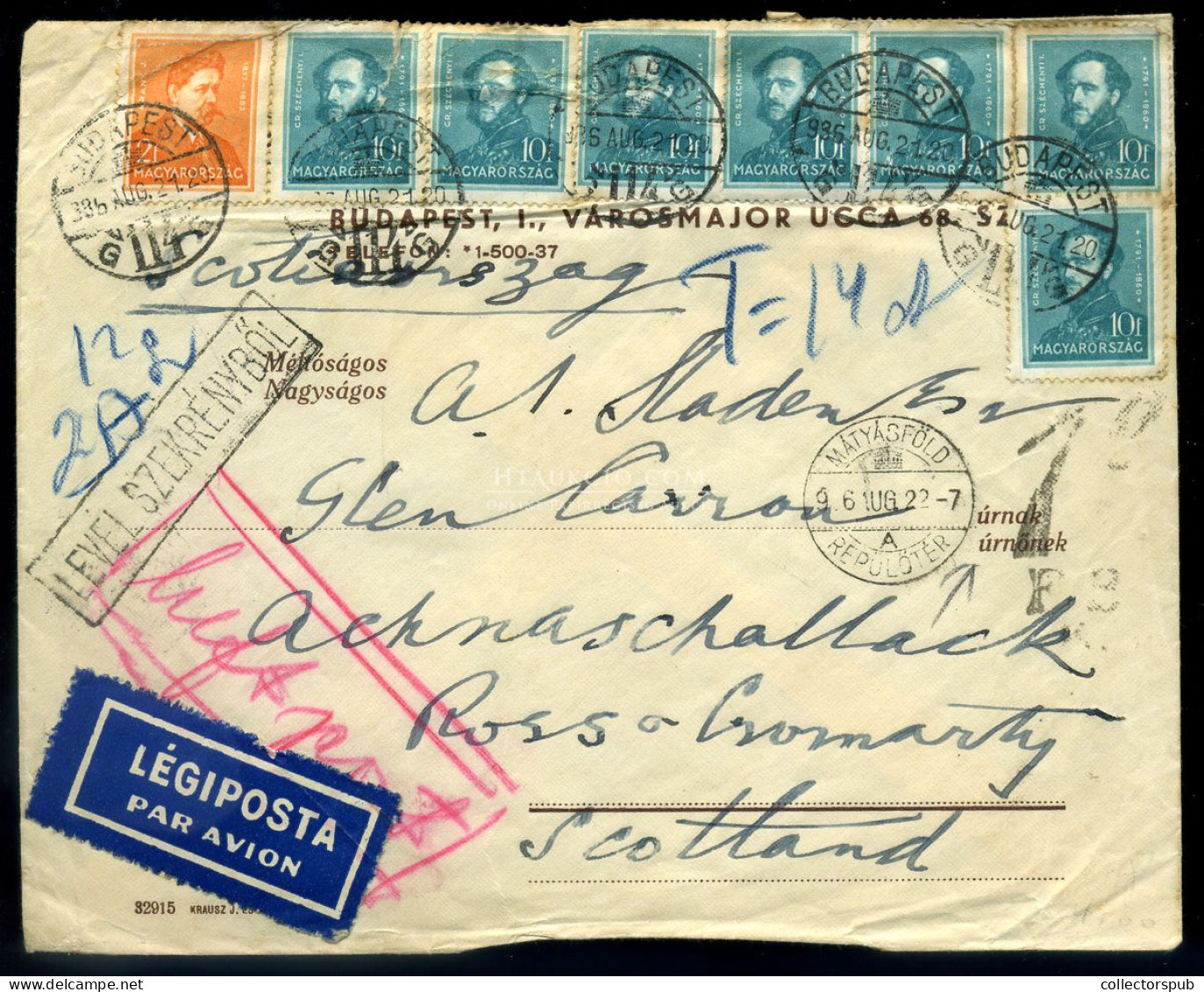 MÁTYÁSFÖLD 1936. Dekoratív Légi Levél Arcképek Bélyegekkel Skóciába Küldve, Portózva - Used Stamps