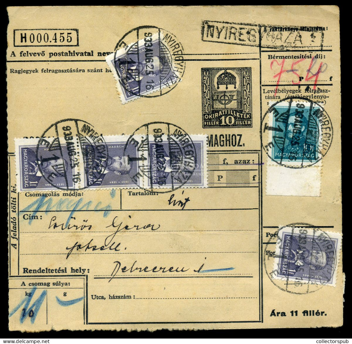 NYÍREGYHÁZA 1933. Csomagszállító Arcképek Bélyegekkel Debrecenbe Küldve , Személyzeti Kedvezménnyel! - Used Stamps