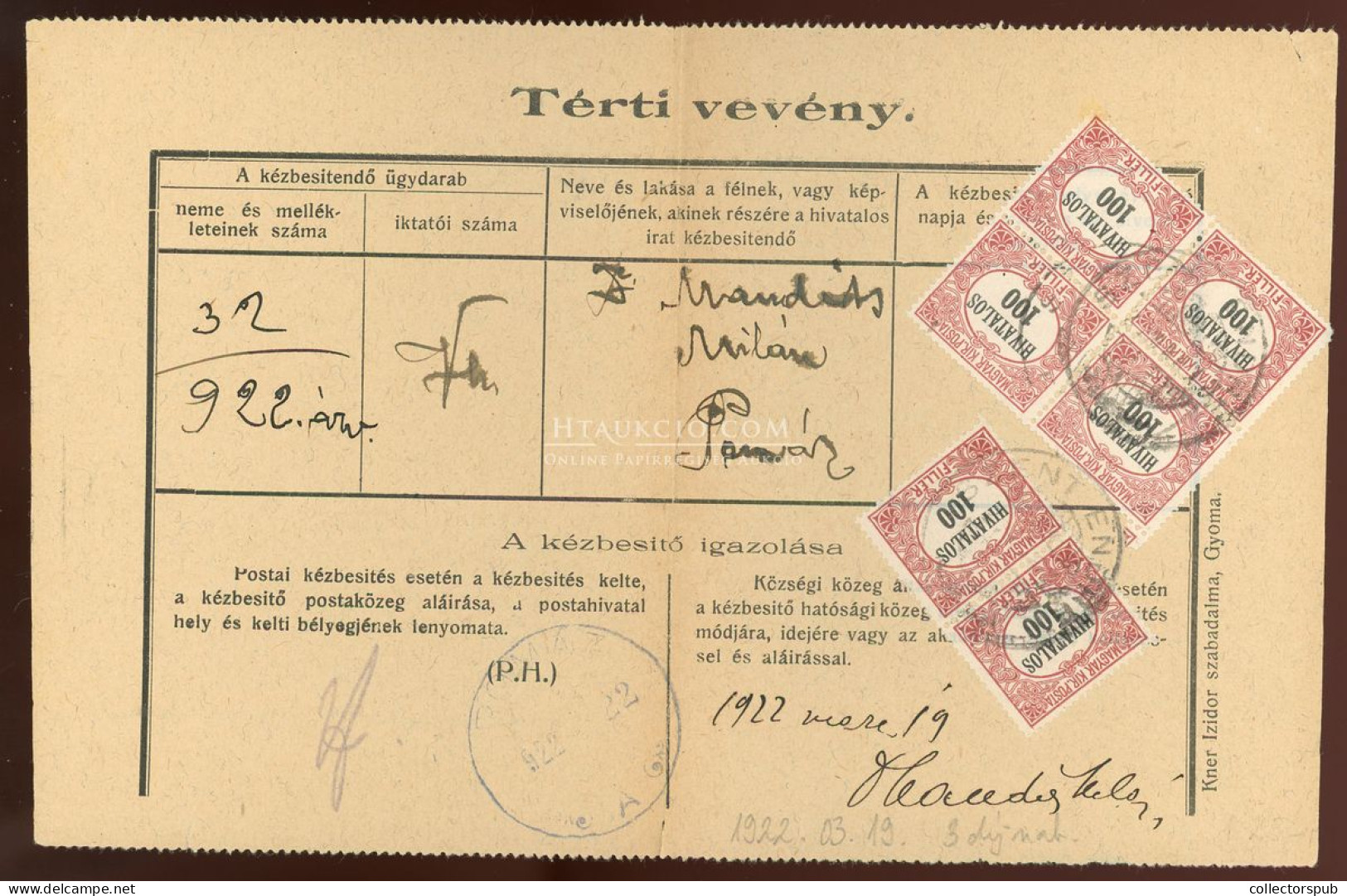 SZENTENDRE 1922. Tértivevény Hivatalos Bélyegekkel - Used Stamps