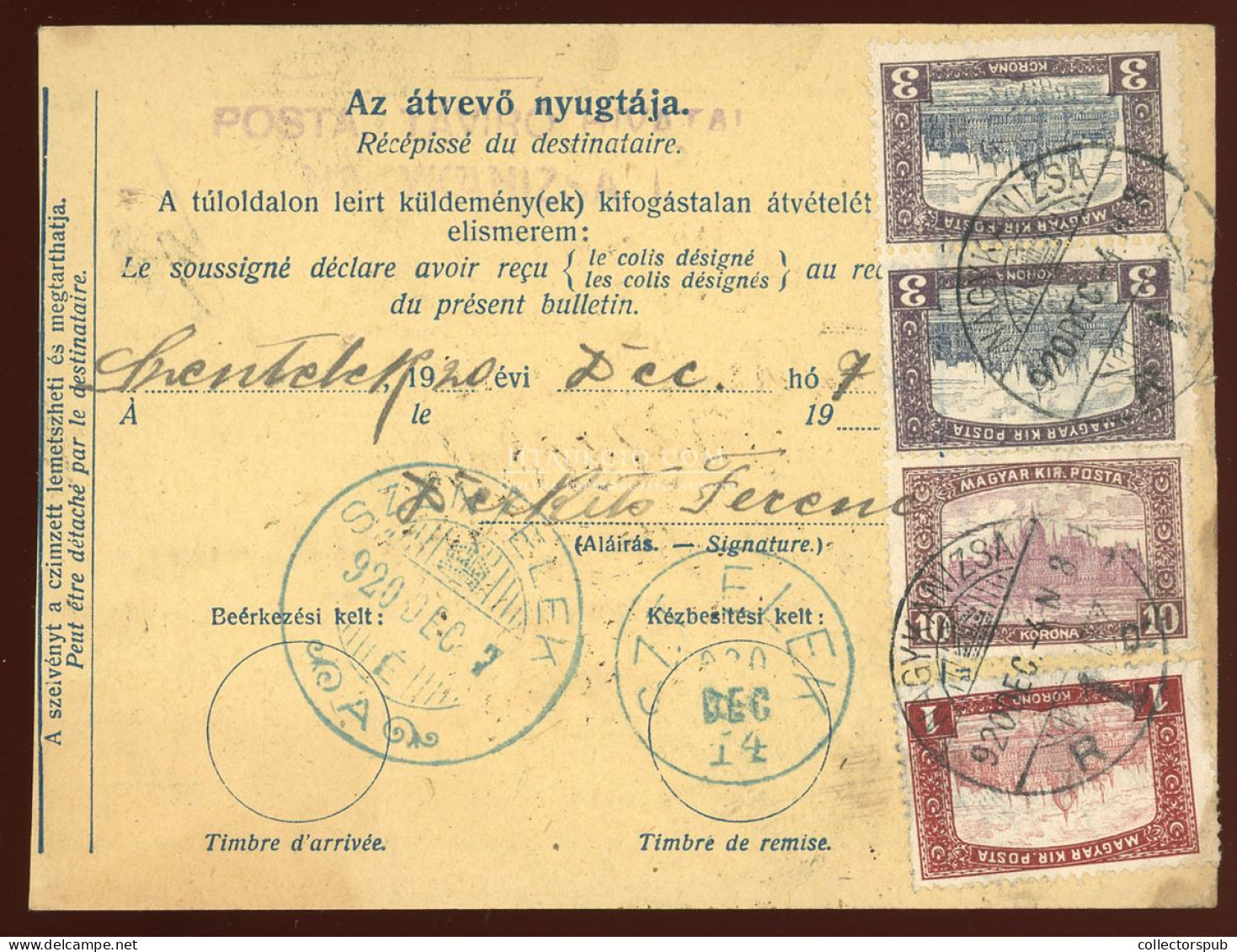 NAGYKANIZSA 1920. Csomagszállító Szentelekre Küldve, Kék érk. Bélyegzéssel - Used Stamps