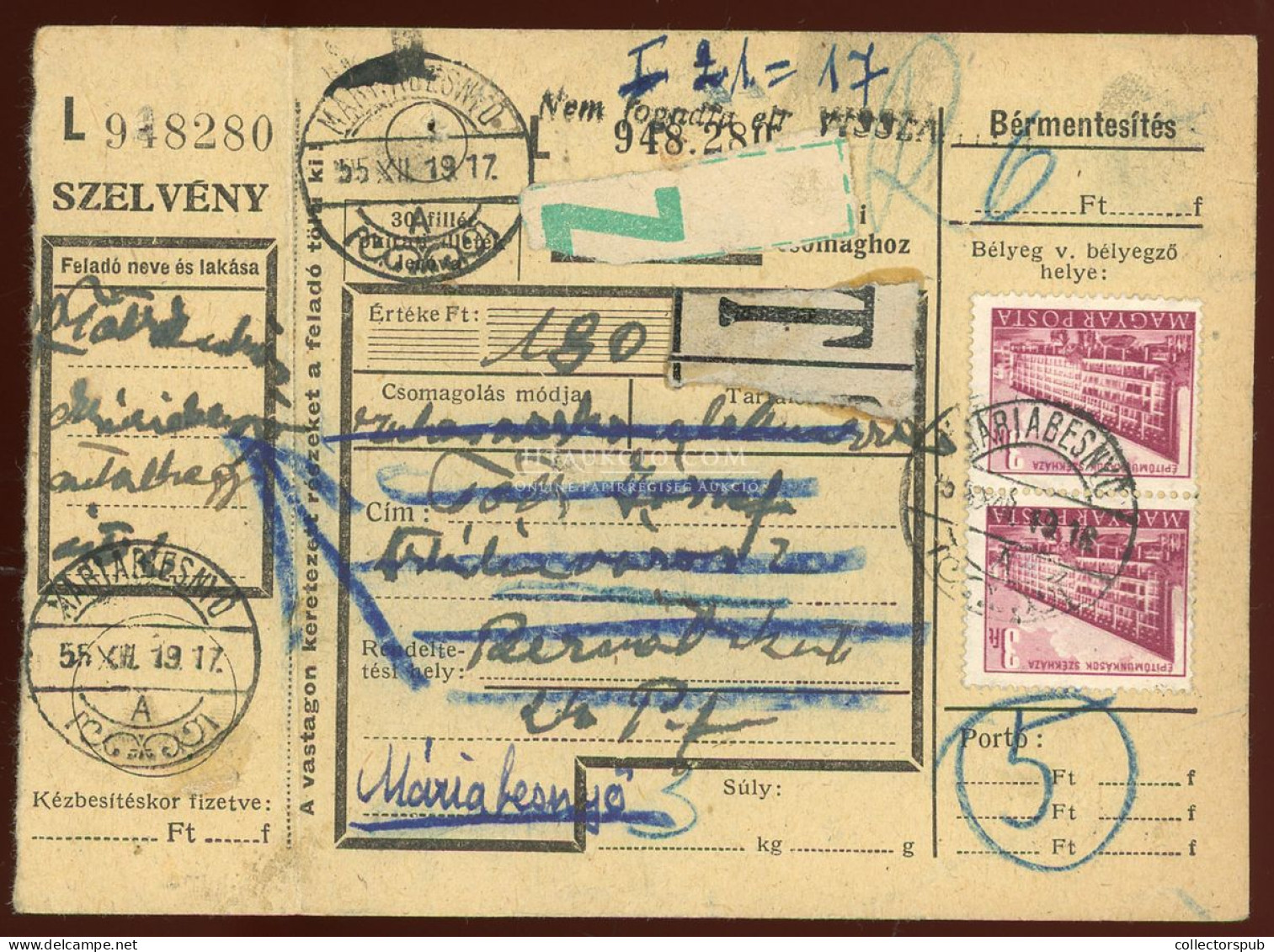 MÁRIABESENYŐ 1955. Csomagszállító Sztálinvárosból Visszaküldve - Used Stamps