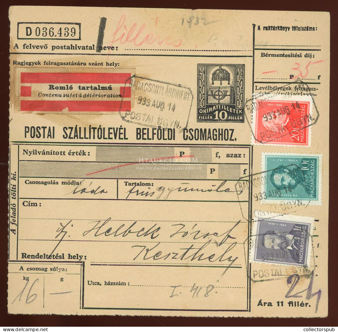 BADACSONYLÁBODHEGY 1933. Csomagszállító, Négyszínű Arcképek Bérmentesítéssel, Postaügynökségi Bélyegzéssel - Oblitérés