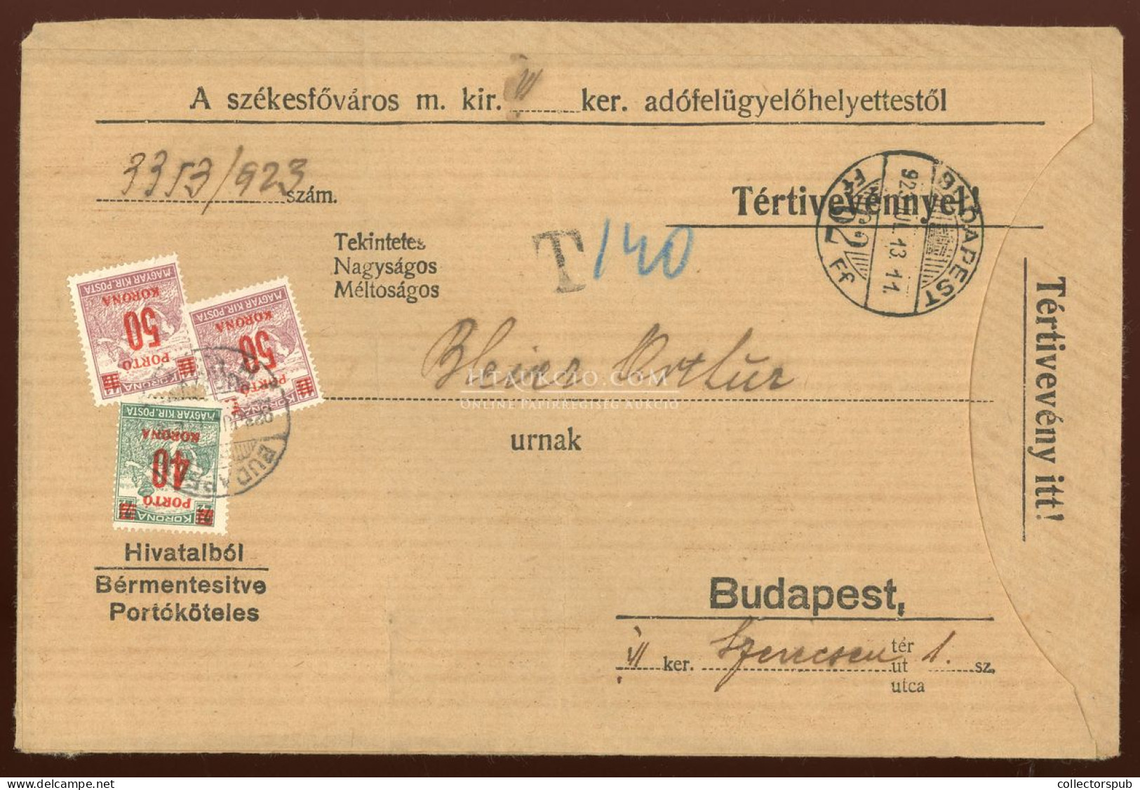 BUDAPEST 1923. Helyi Levél, Hárombélyeges Portózással - Used Stamps