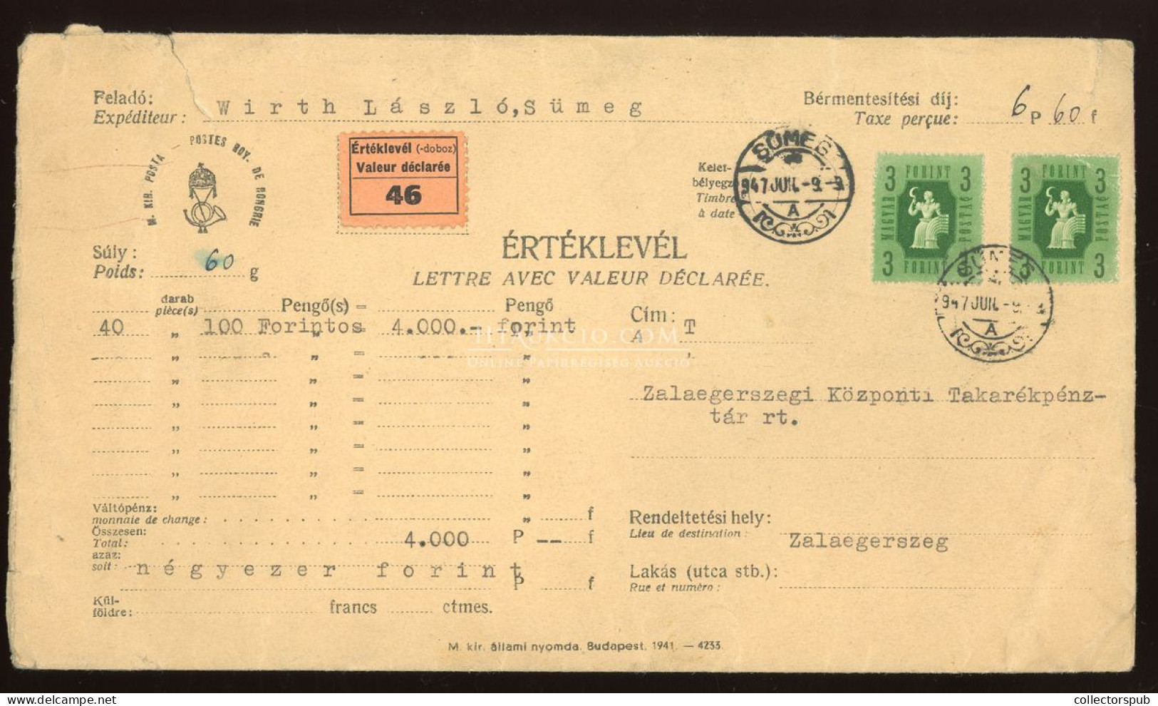 SÜMEG 1947. Értéklevél Zalaegerszegre Küldve - Oblitérés