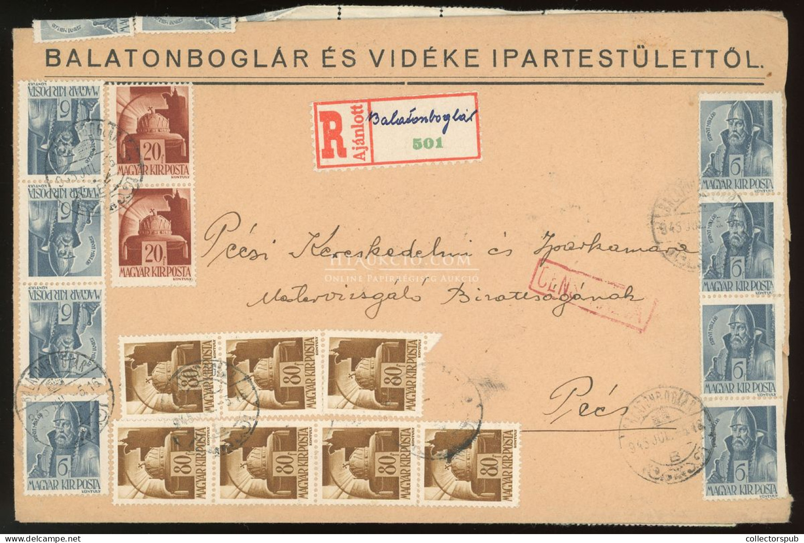 BALATONBOGLÁR 1945.07.05. Ajánlott, Inflációs  Levél 59db Bélyeggel Pécsre Küldve, Cenzúrázva! - Used Stamps