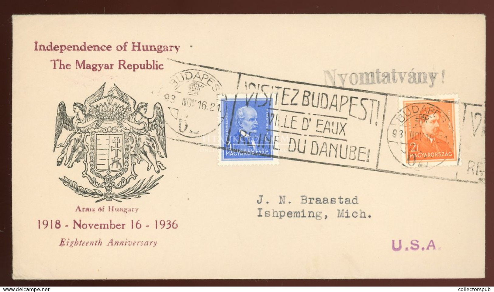 BUDAPEST 1936. Independence Of Hungary , Dekoratí Irredenta Levél Az USA-ba Küldve - Gebraucht