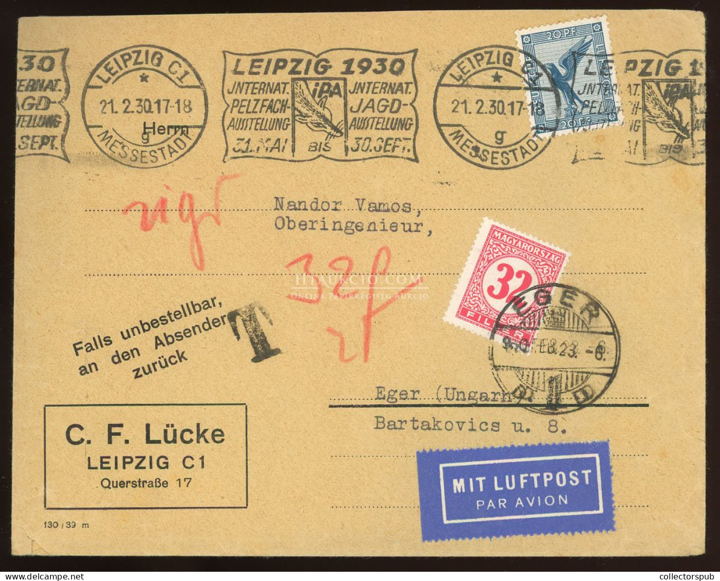 LIPCSE 1930. Szép Légi Levél Egerbe Küldve Portózva - Lettres & Documents