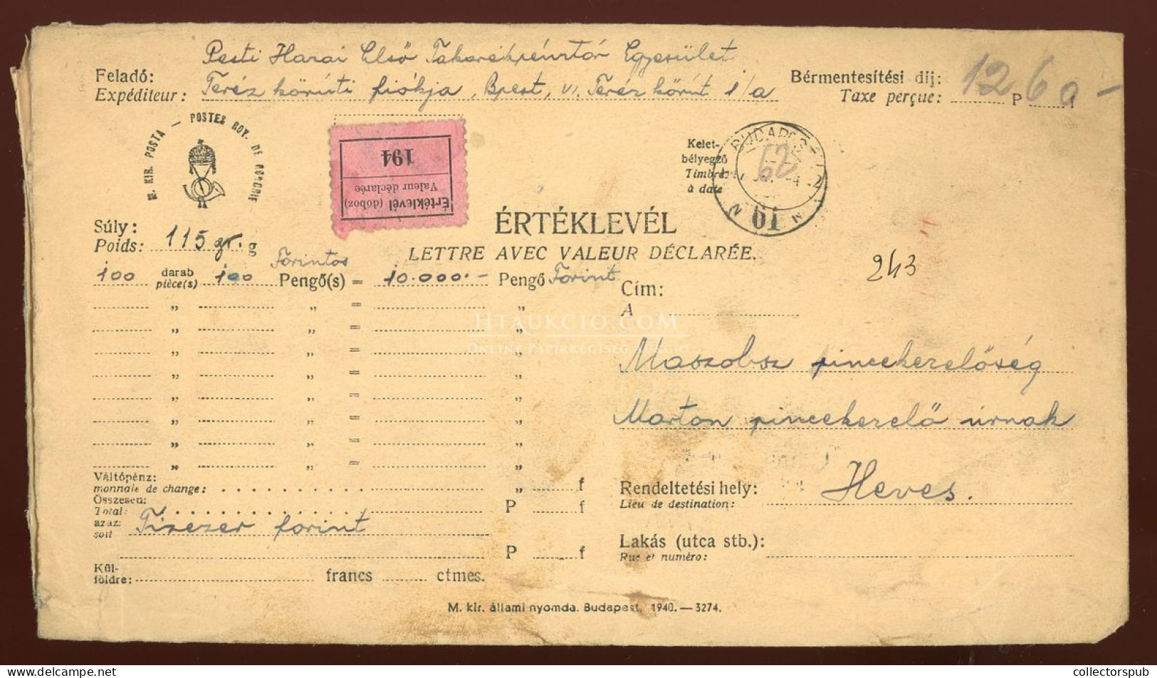 BUDAPEST 1947. Értéklevél 12,60Ft Hevesre Küldve - Used Stamps